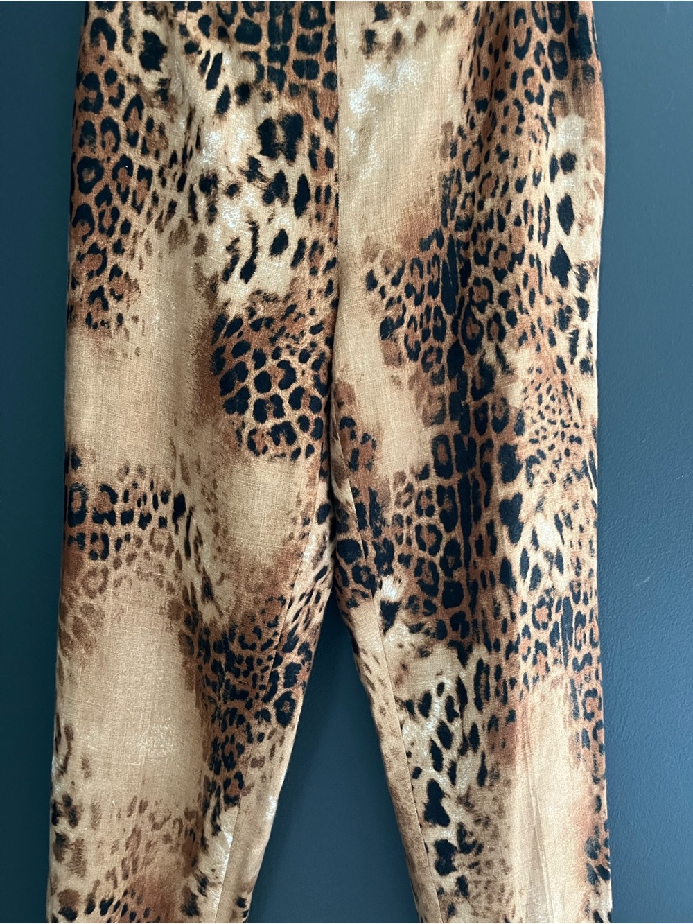 Vintage Leopard Print High Waist Slim Tapered 100% Linen Pants - Brown & Black - Picture 3 of 13